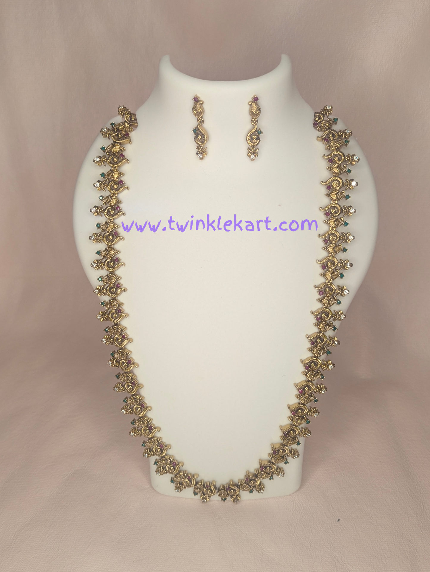 Grand Gold Finish Long Haram with Kemp Stones With Earrings