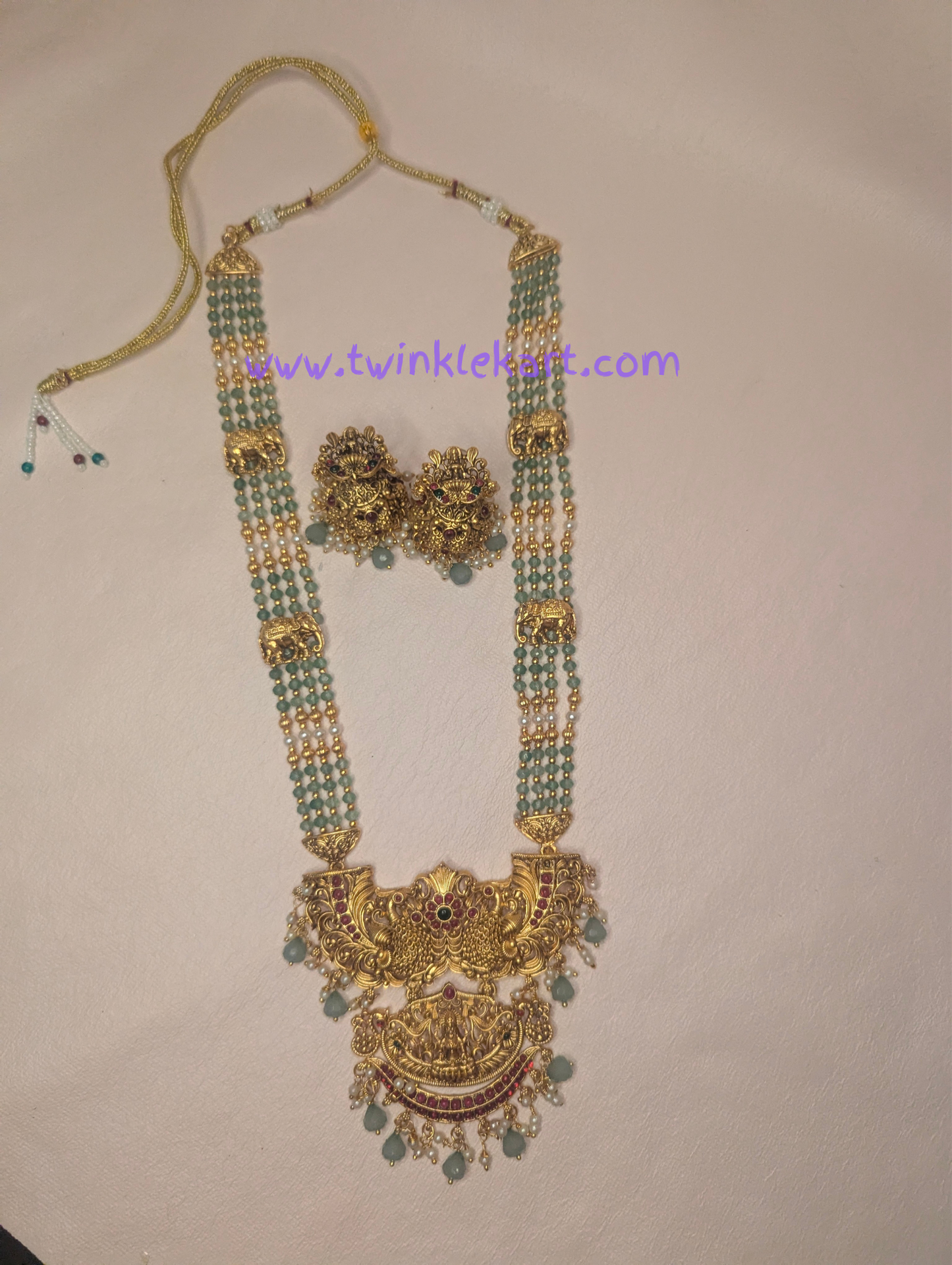 Grand Green Beaded Lakshmi Pendant Long Haram Set With Earrings