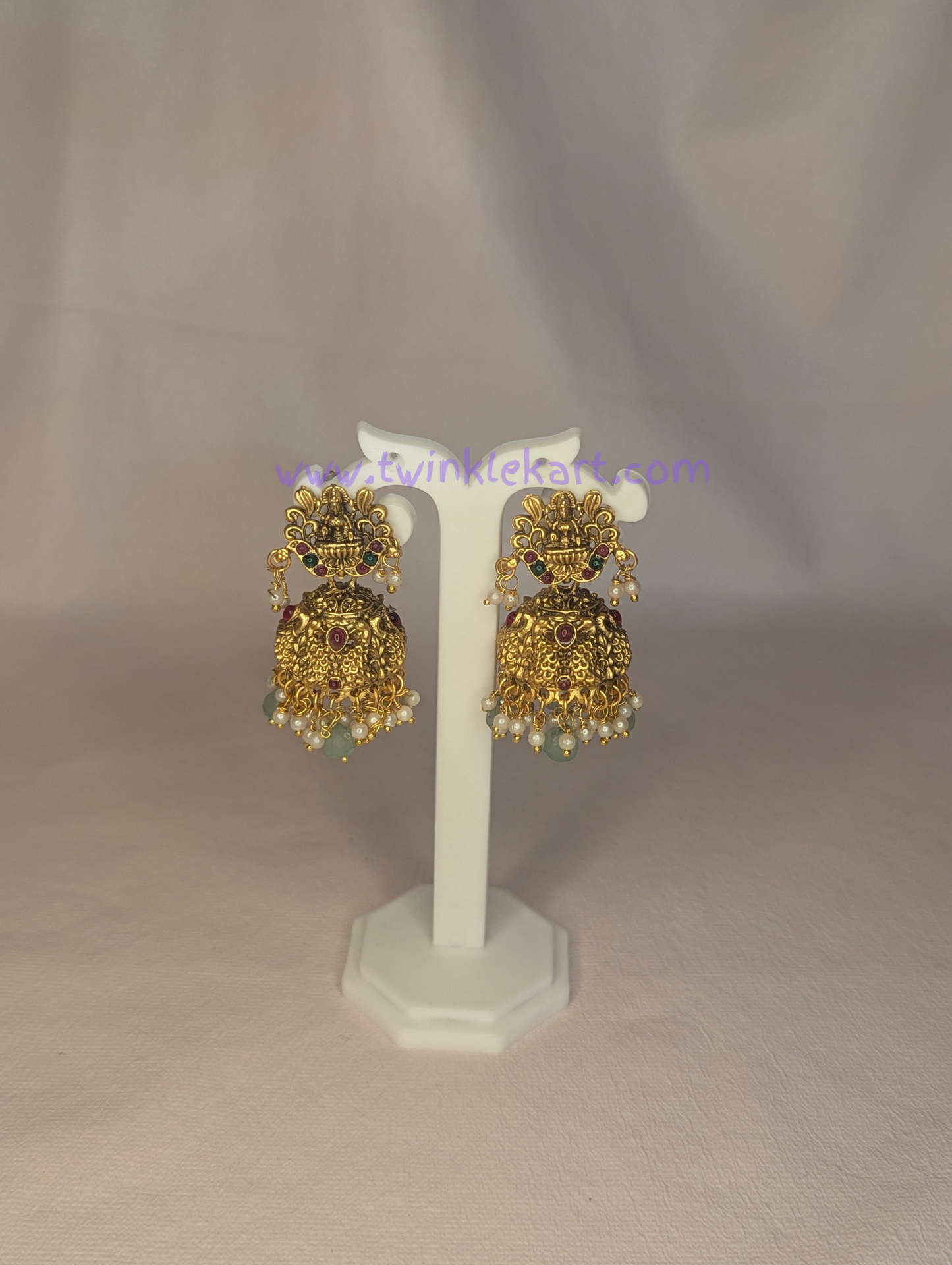 Grand Green Beaded Lakshmi Pendant Long Haram Set With Earrings