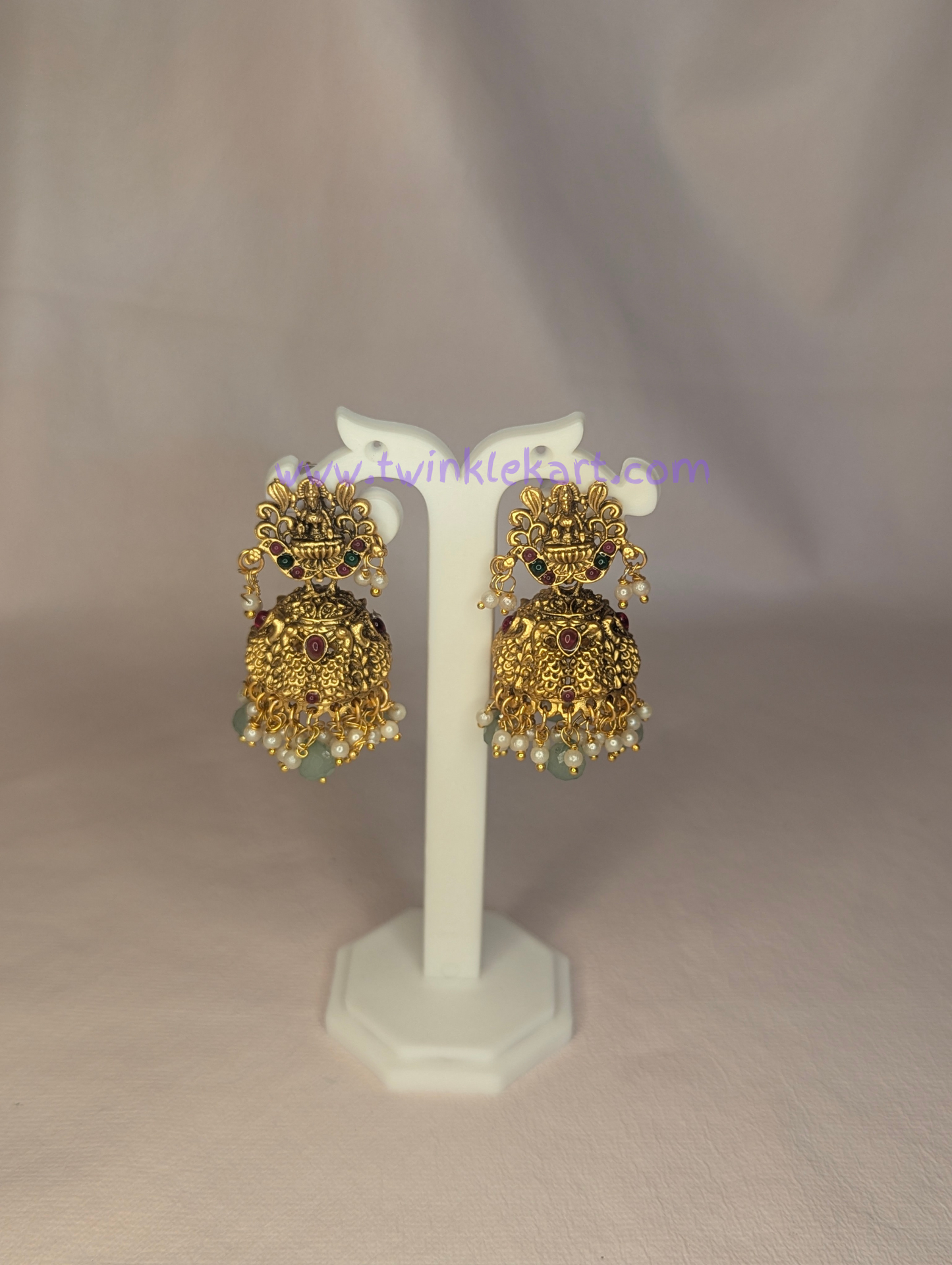 Grand Green Beaded Lakshmi Pendant Long Haram Set With Earrings