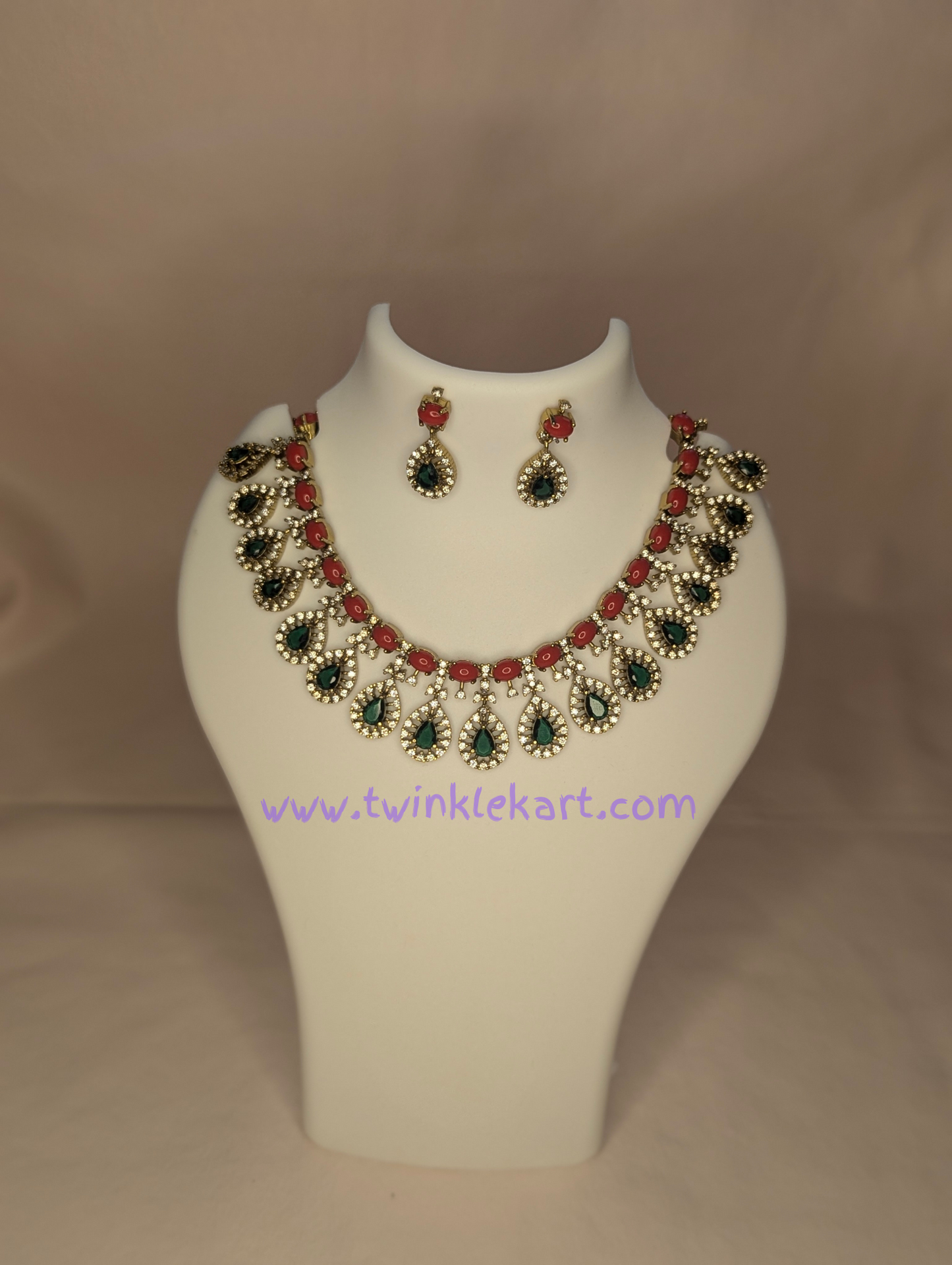 Premium Green Stone With Coral Gem Necklace With Earrings