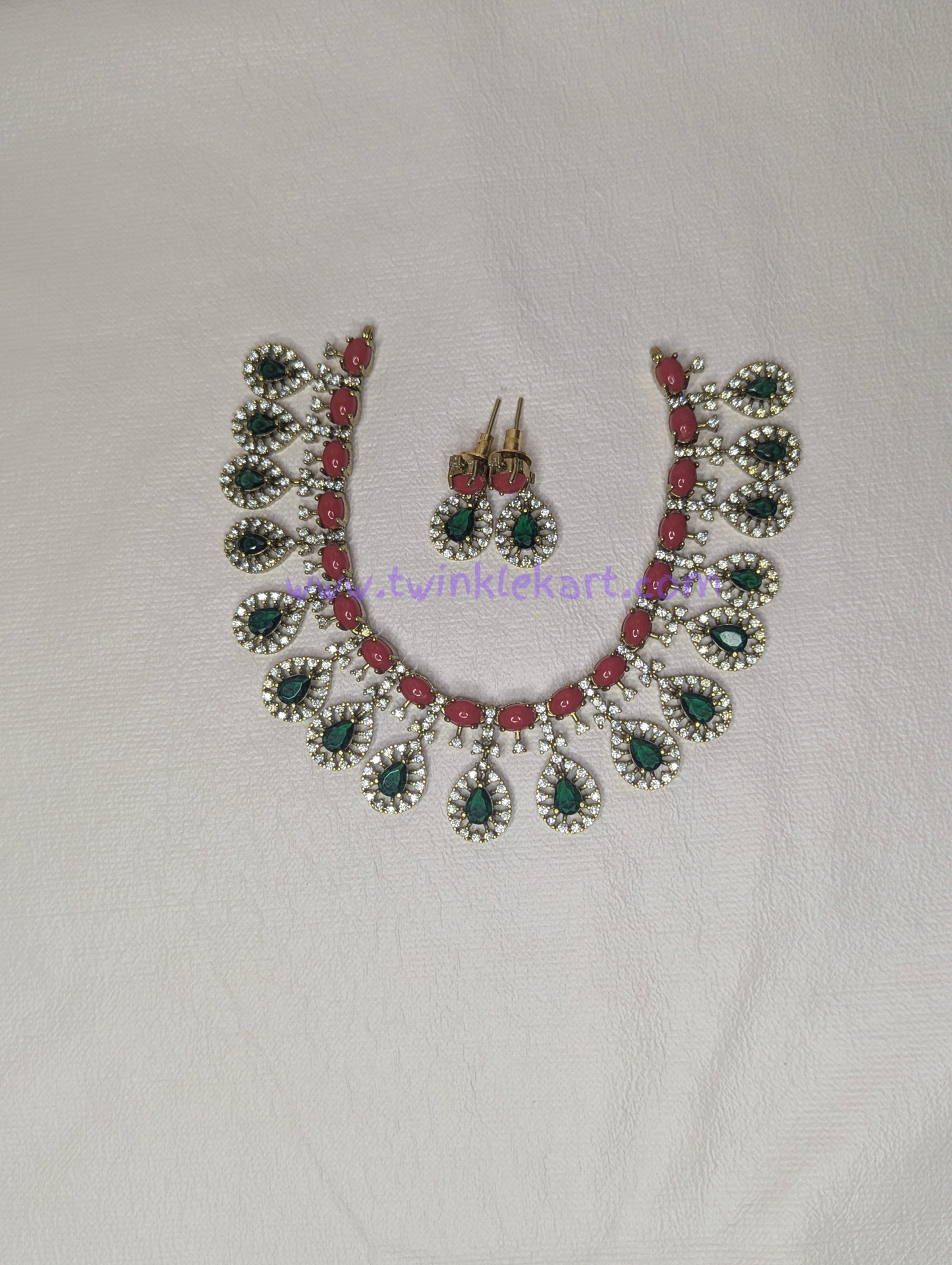 Premium Green Stone With Coral Gem Necklace With Earrings