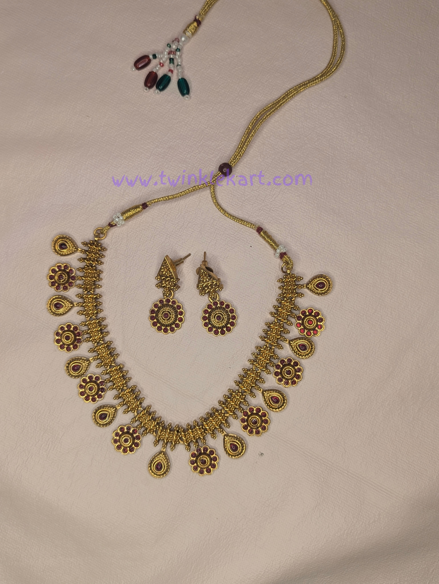 Premium Red Stone Flower Necklace With Earrings