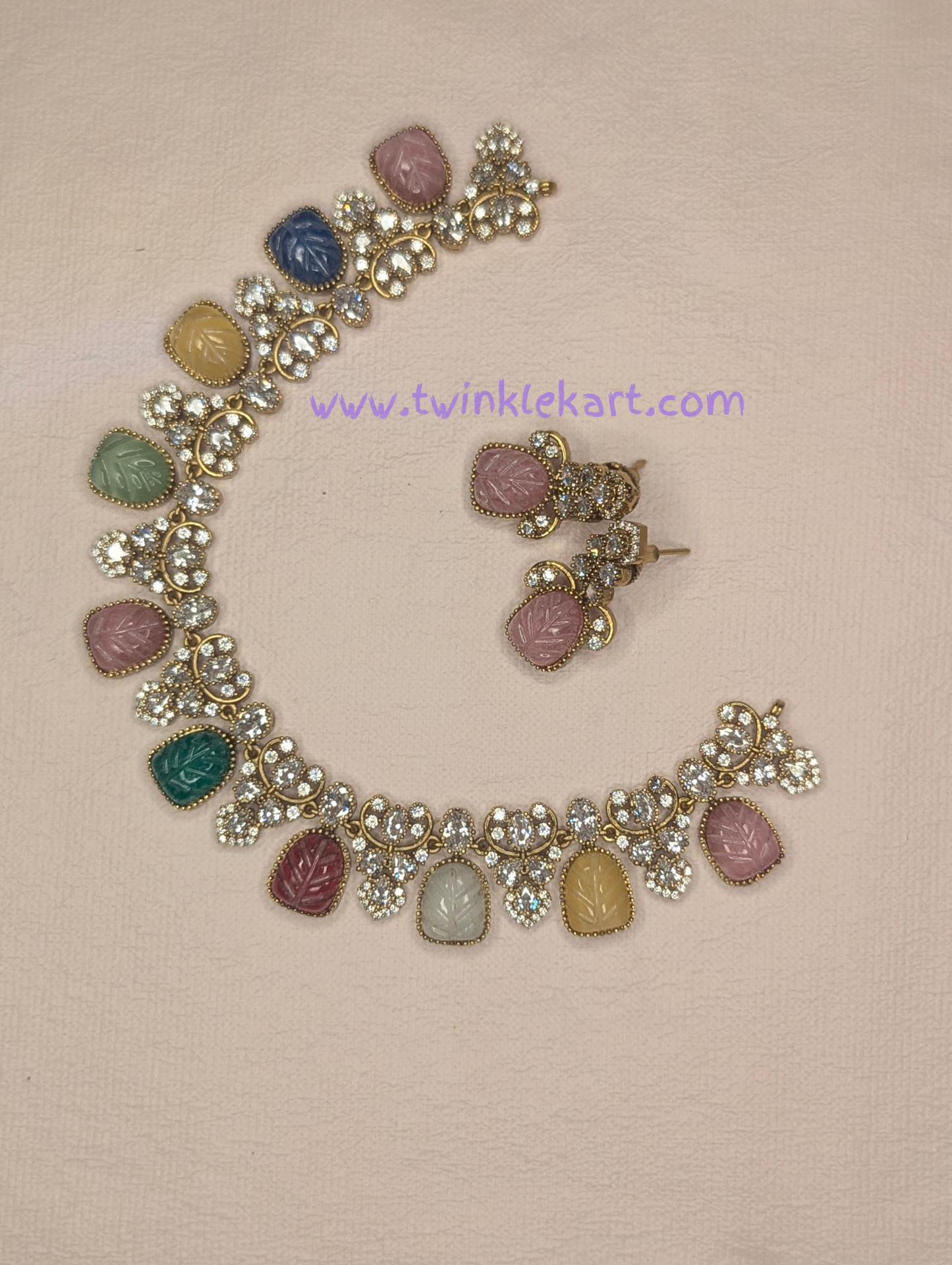 Premium Rainbow Pastel Stone Necklace With Earrings