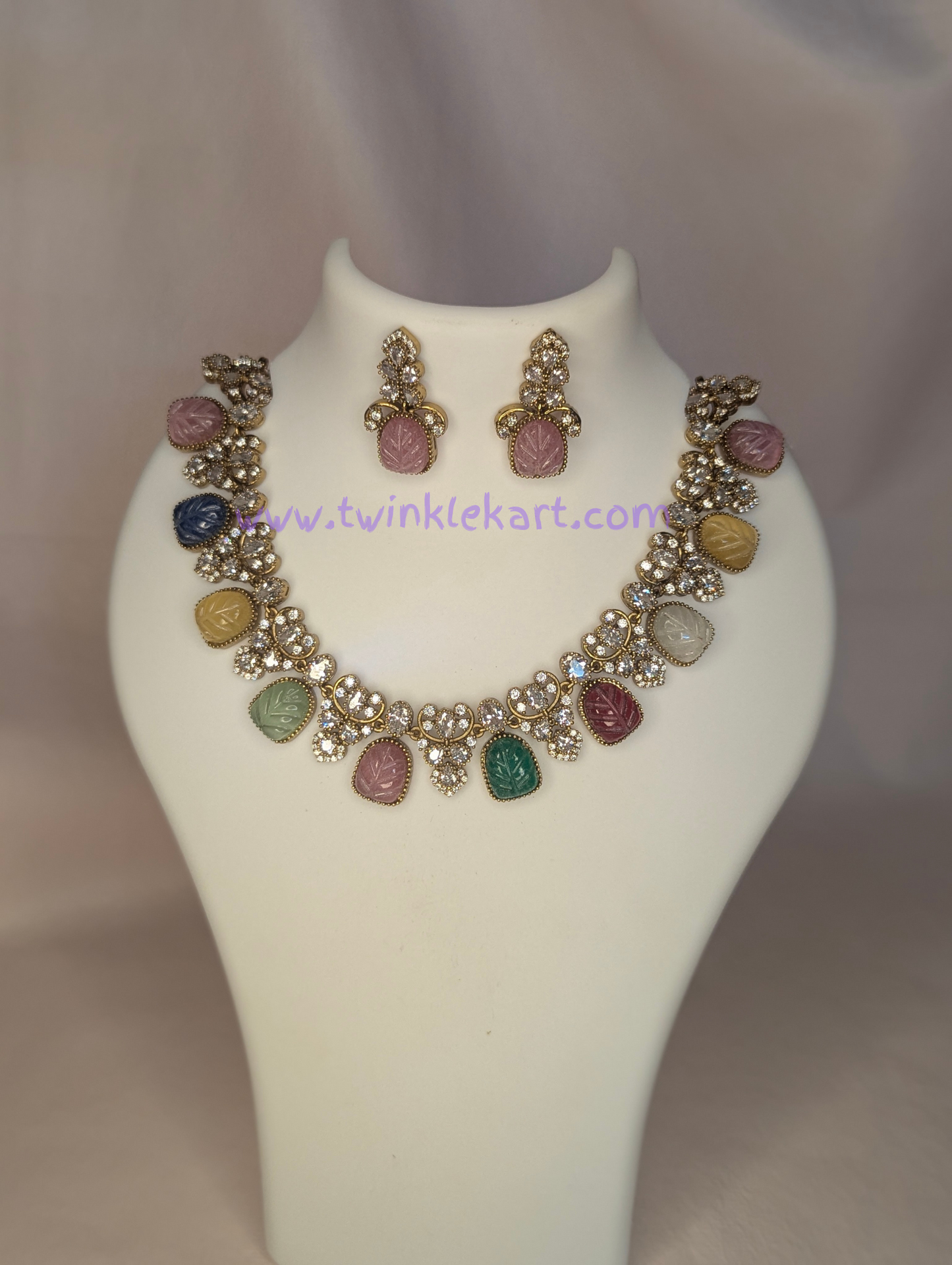 Premium Rainbow Pastel Stone Necklace With Earrings