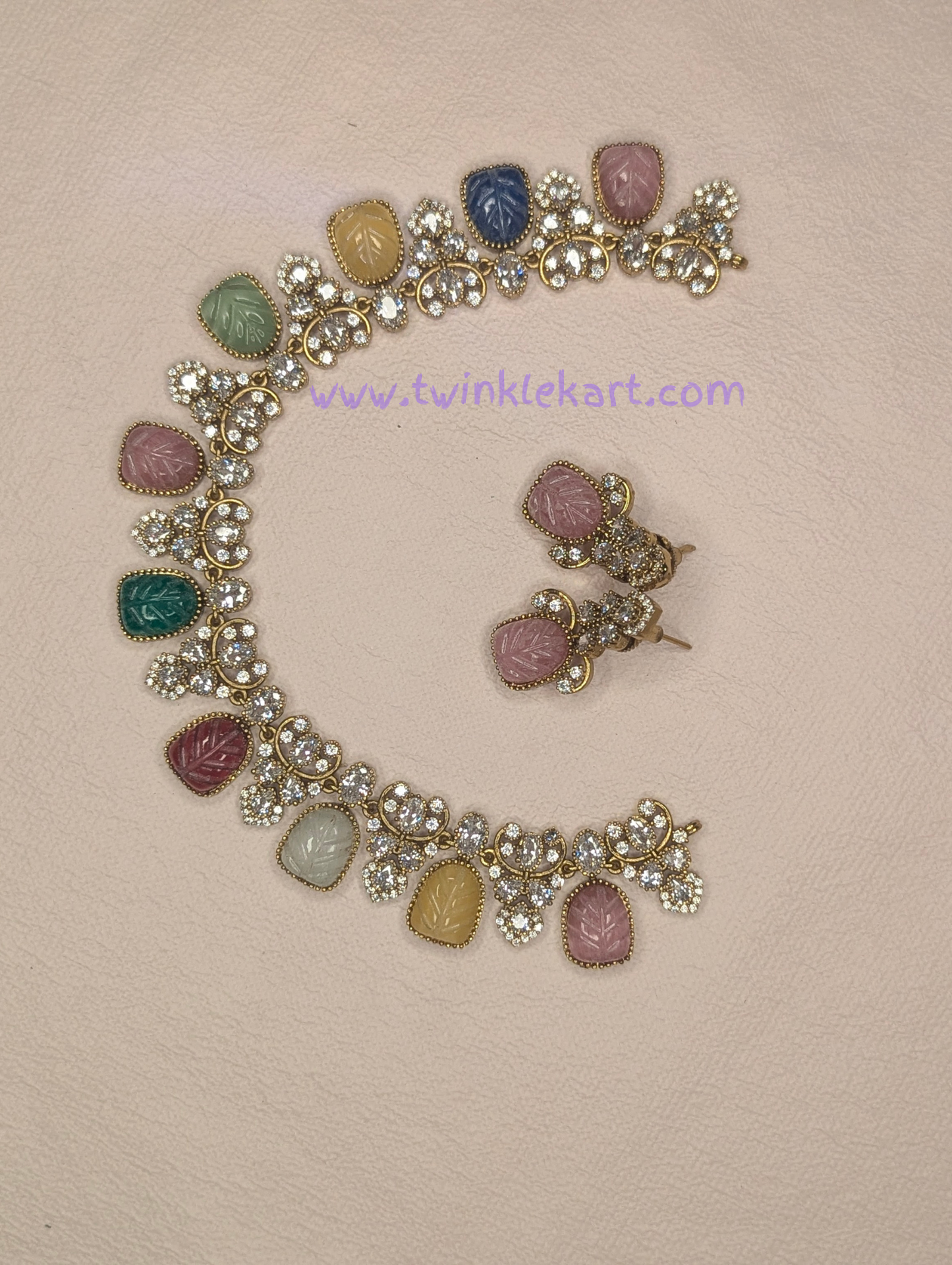 Premium Rainbow Pastel Stone Necklace With Earrings