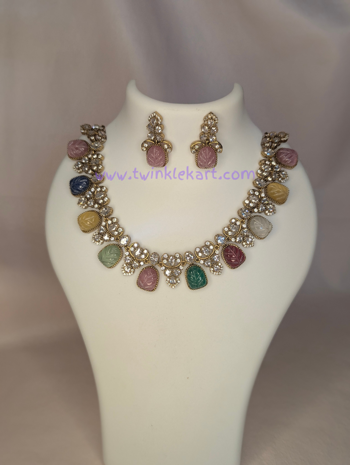 Premium Rainbow Pastel Stone Necklace With Earrings