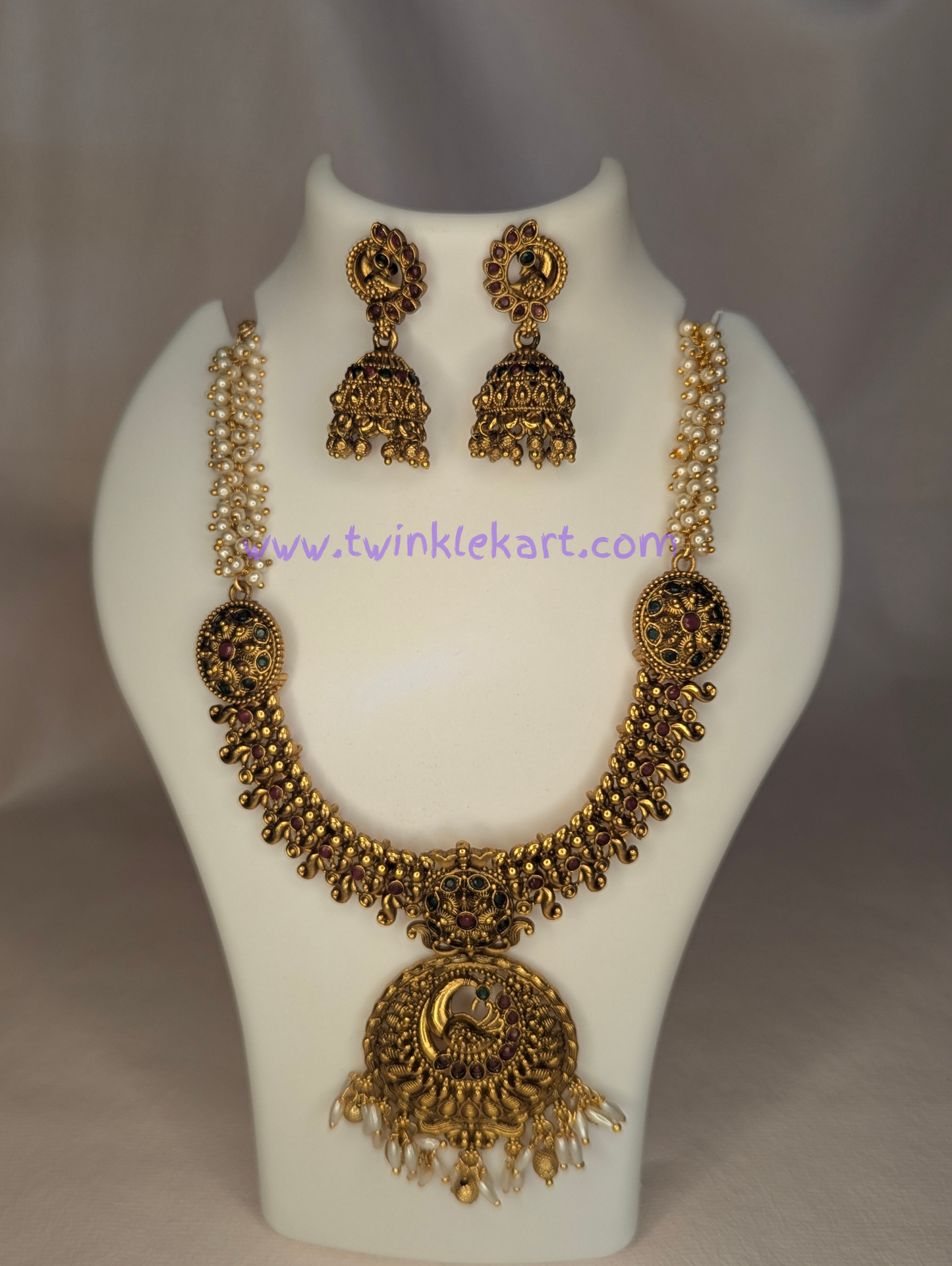 Premium Traditional Peacock Pendant Pearl Necklace Set