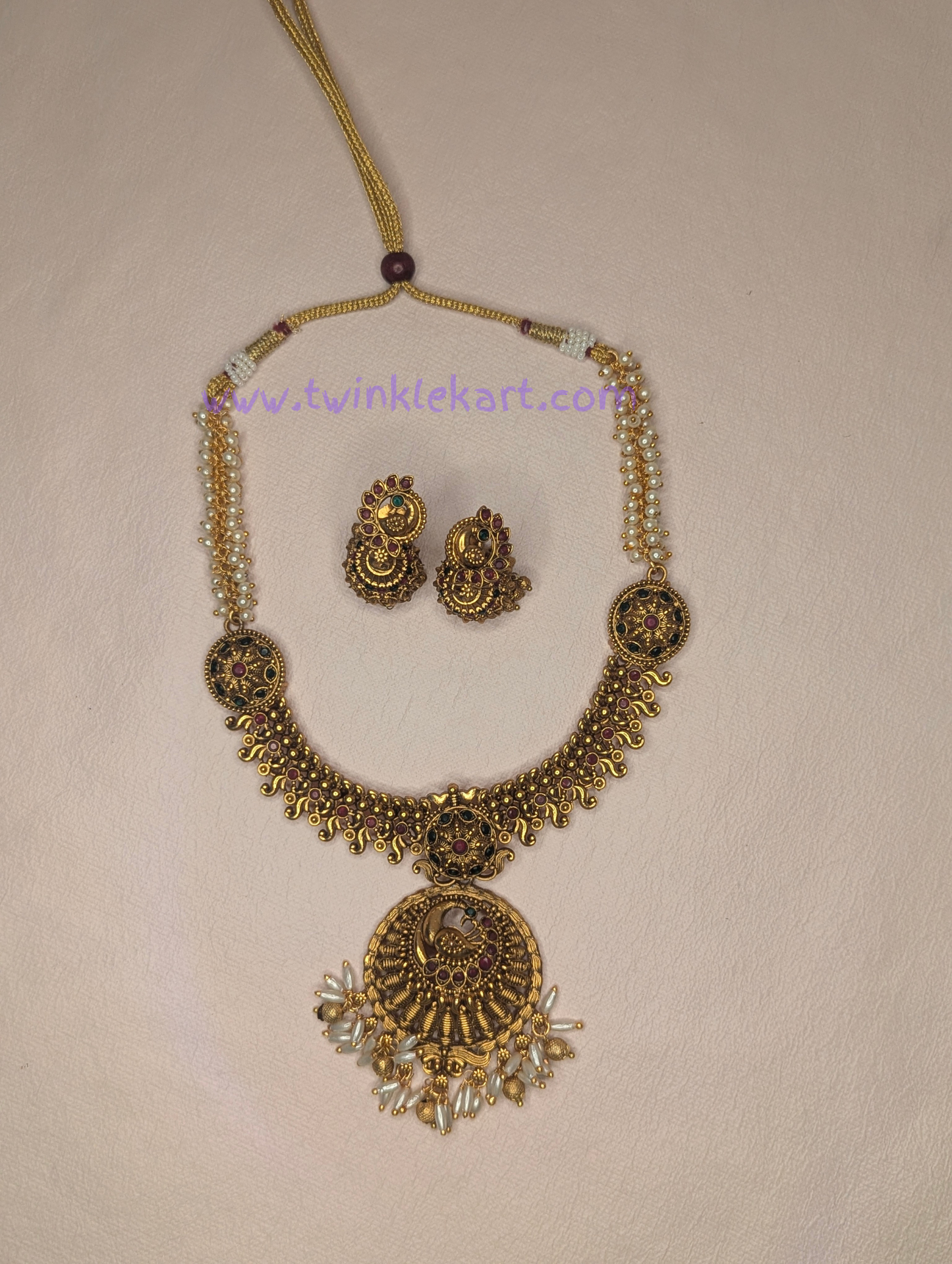 Premium Traditional Peacock Pendant Pearl Necklace Set
