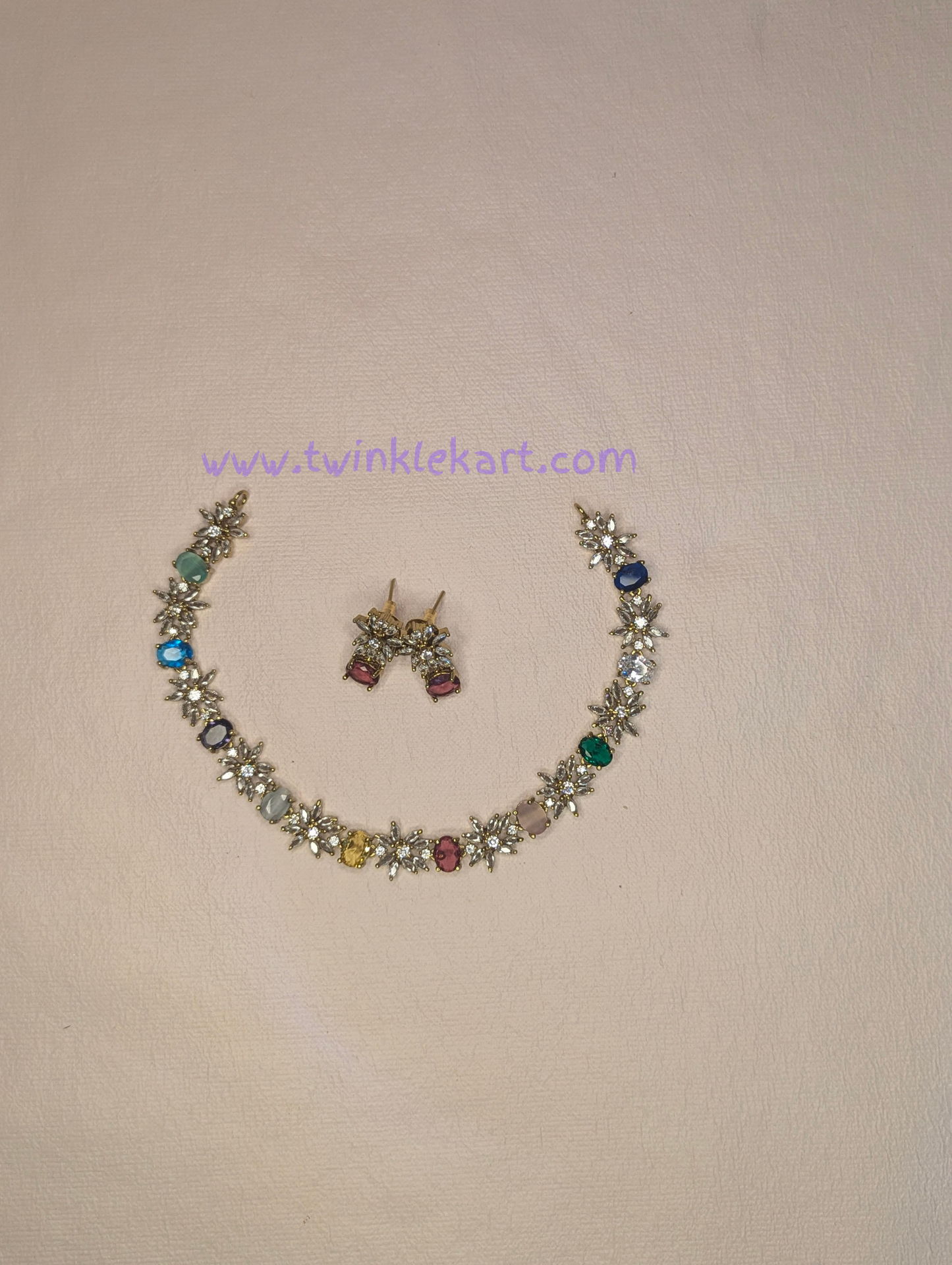 Premium Rainbow Gemstone Flower Necklace Set With Earrings