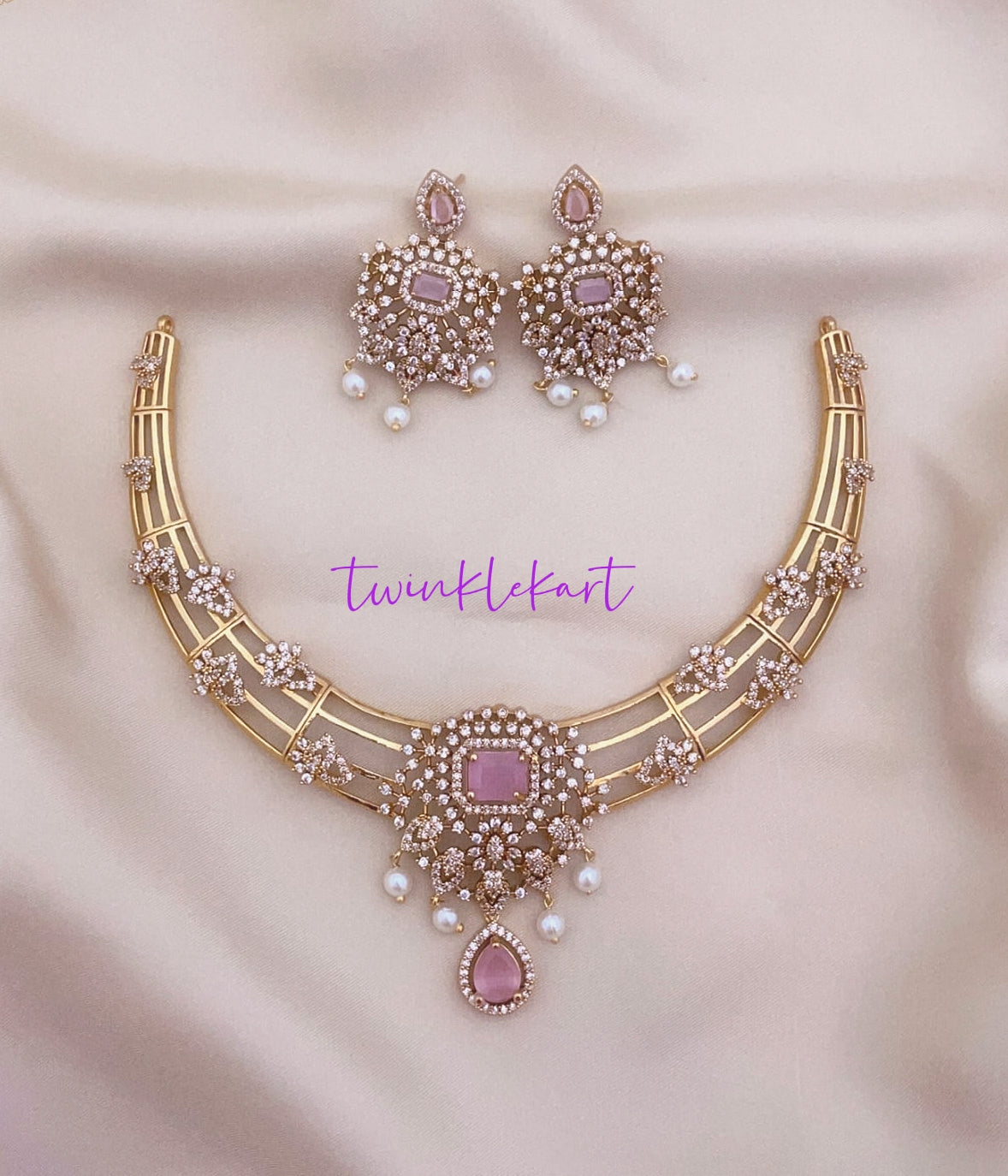 Premium Pink Stone Designer Necklace Set With Earrings