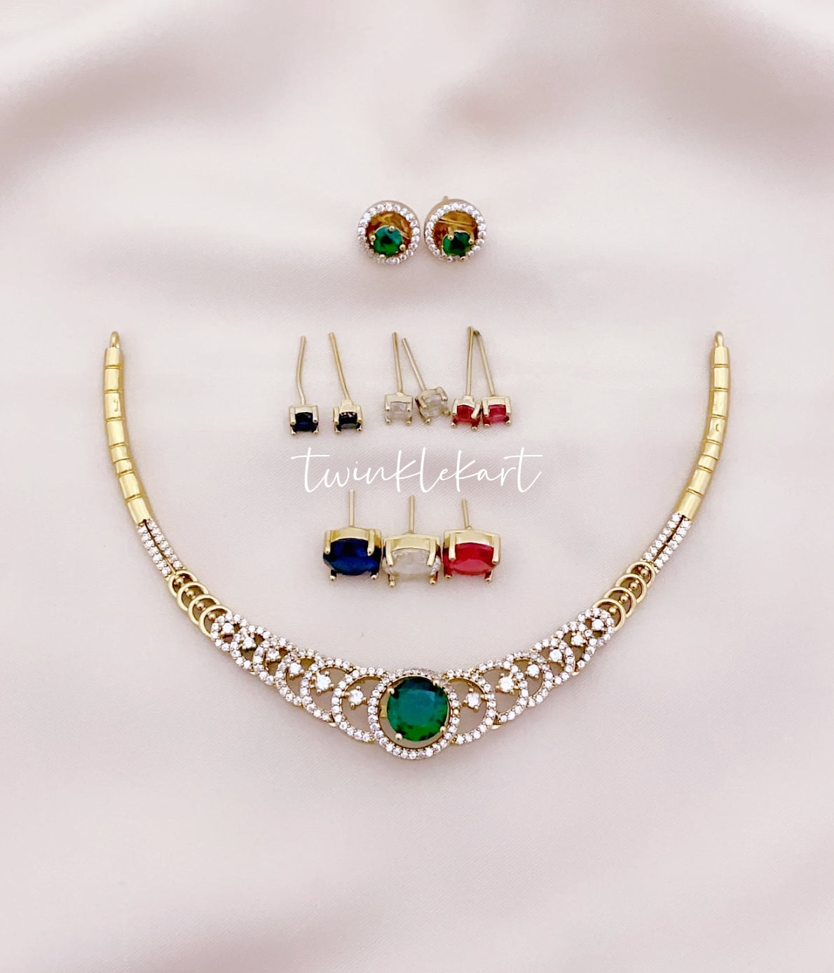 White Stone Diamond alike Necklace Set with Multi color Stones