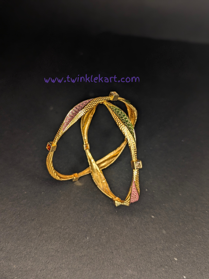 Pink Green Leaf Bangle Set