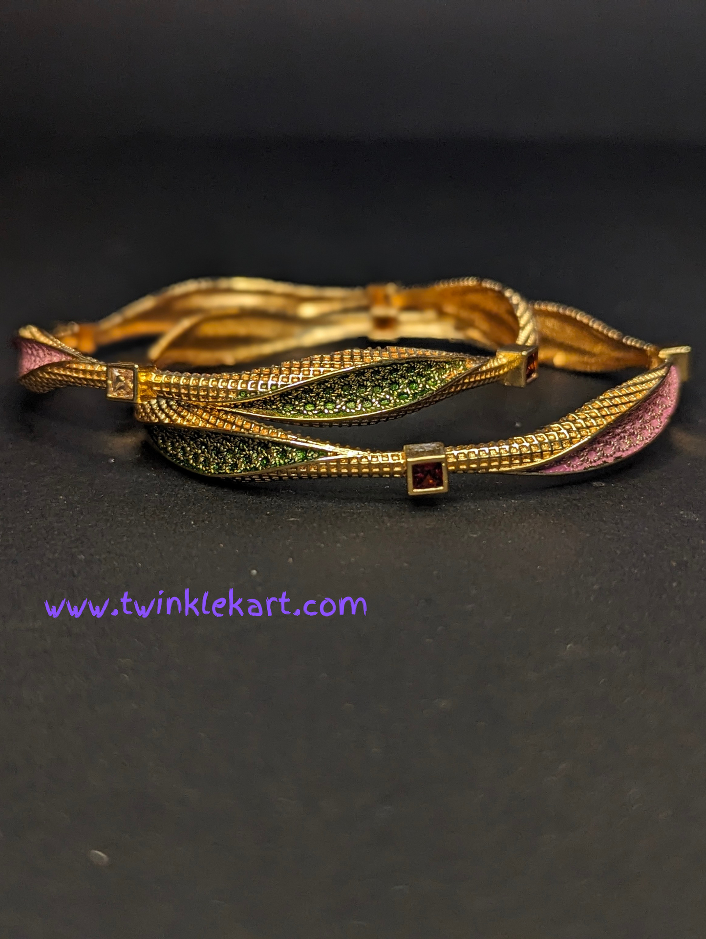 Pink Green Leaf Bangle Set