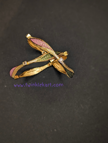 Pink Green Leaf Bangle Set