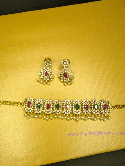 Multi Color Stone with White Pearl Choker Set