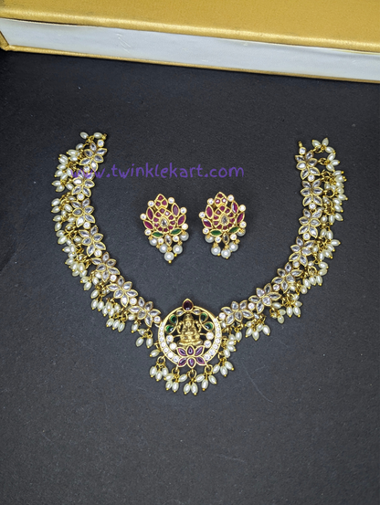 Premium Lakshmi on Lotus Guttapusalu Necklace with Earrings