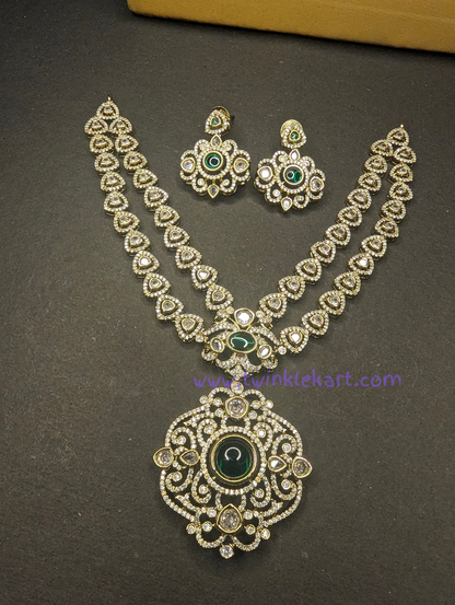 Premium Two Layer Victorian AD Green Necklace Set