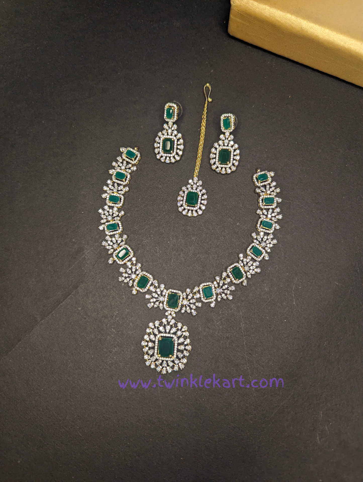 Emerald Green Stone Dazzling Diamond Set With Tikka and Earrings