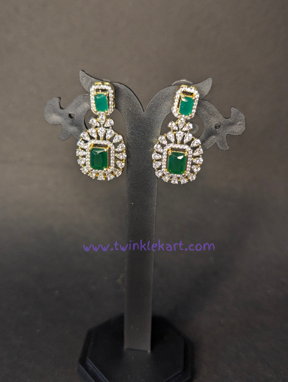 Emerald Green Stone Dazzling Diamond Set With Tikka and Earrings