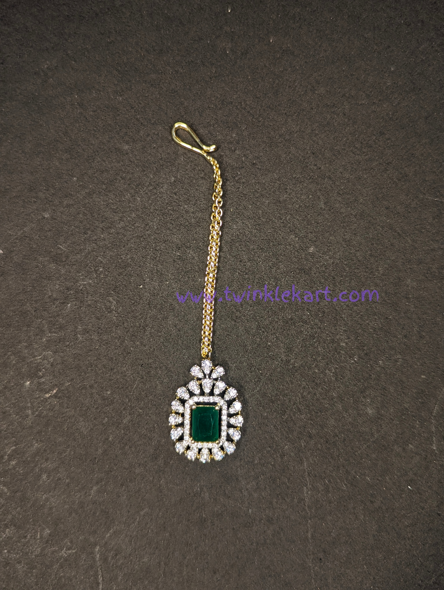 Emerald Green Stone Dazzling Diamond Set With Tikka and Earrings