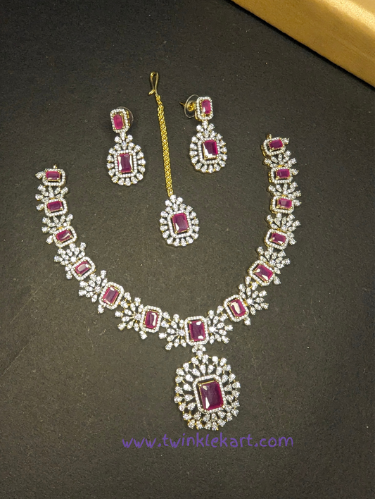 Sapphire Pink Stone Dazzling Diamond Set With Tikka and Earrings