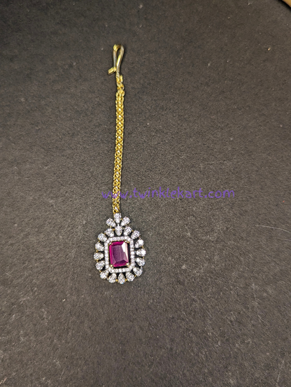 Sapphire Pink Stone Dazzling Diamond Set With Tikka and Earrings