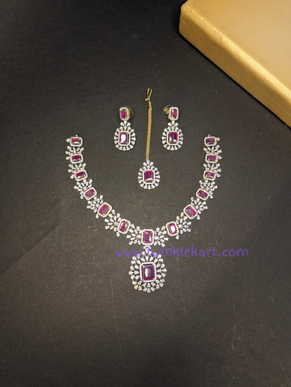 Sapphire Pink Stone Dazzling Diamond Set With Tikka and Earrings