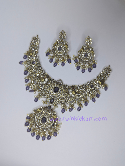 Premium Victorian Purple Bridal Necklace With Earrings