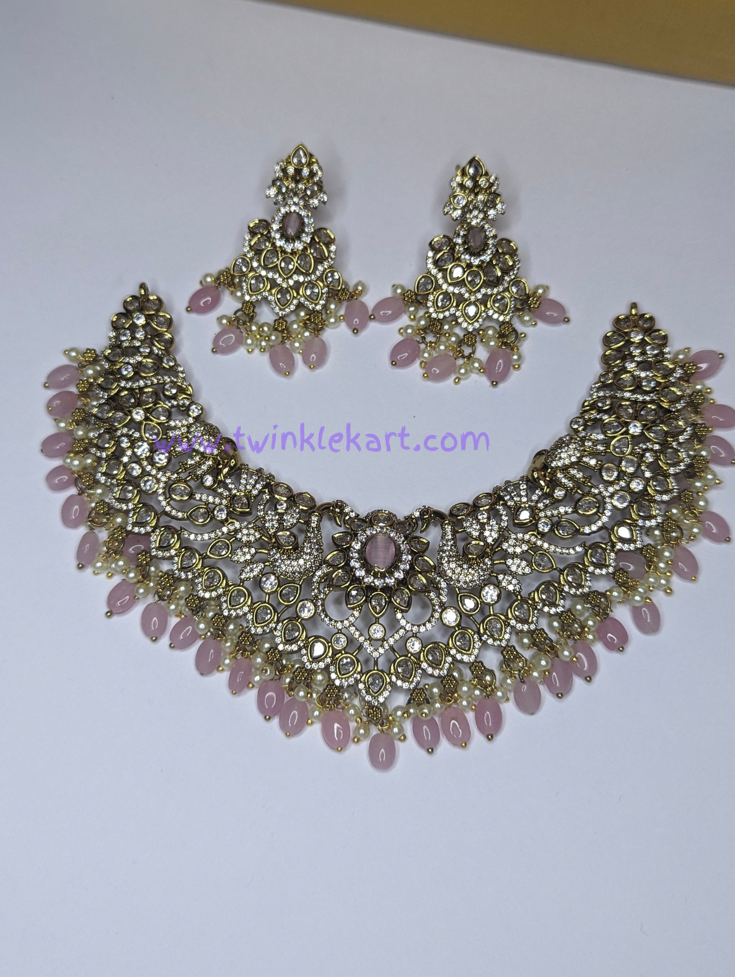 Premium Bridal Victorian Pink Necklace With Earrings