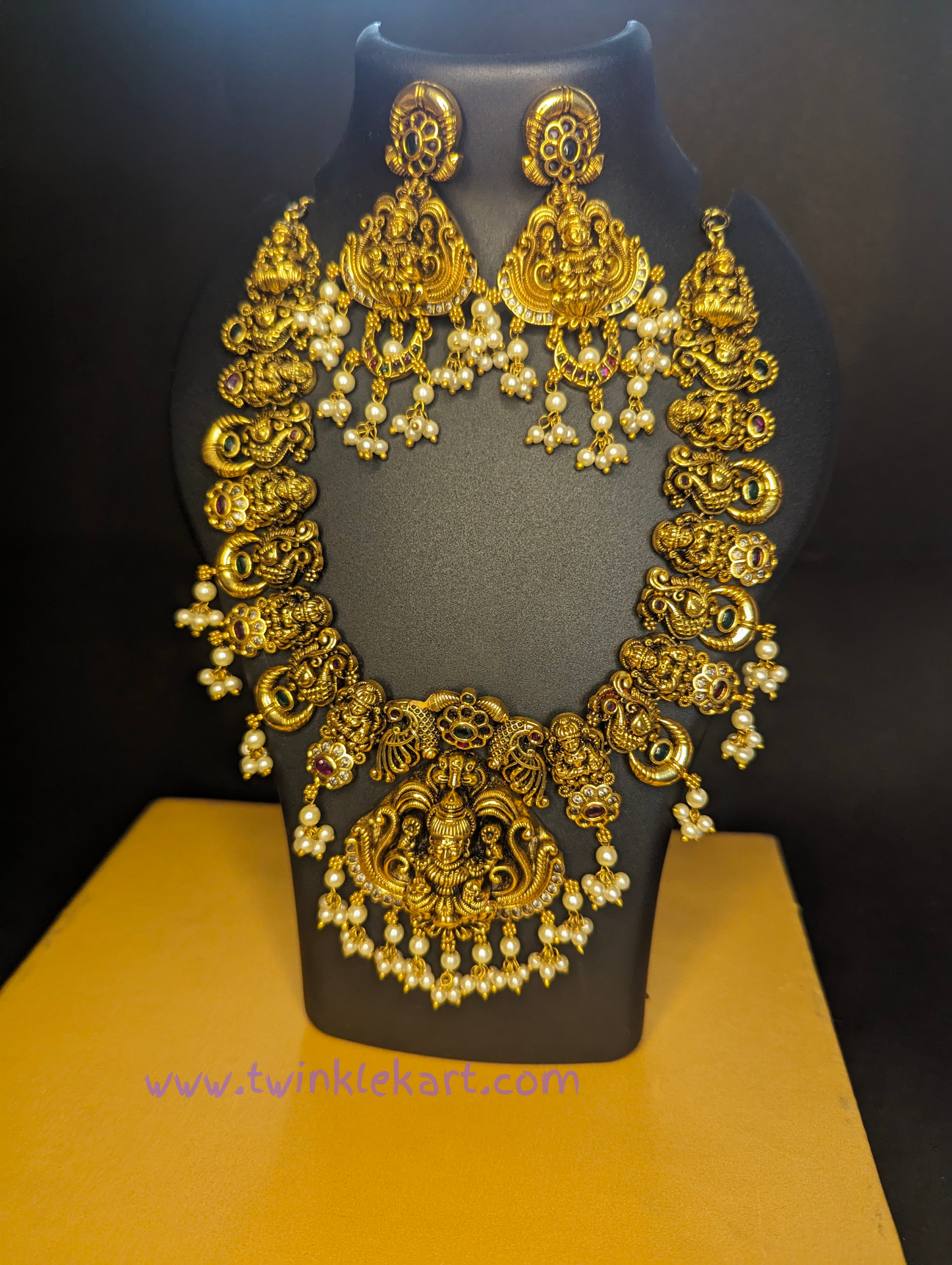 Premium MahaLakshmi on Lotus Necklace With Earrings