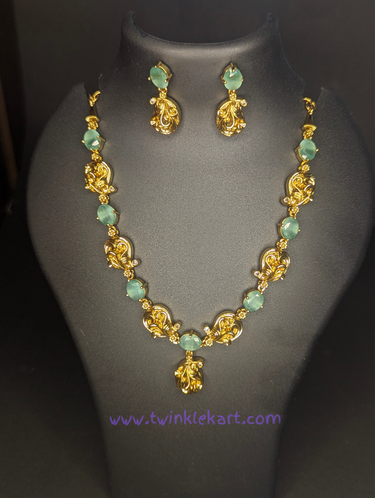 Premium Filigree Emerald Stone Necklace with Earrings