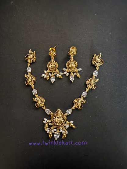 Premium Lakshmi Peacock With White Stone Necklace With Earrings