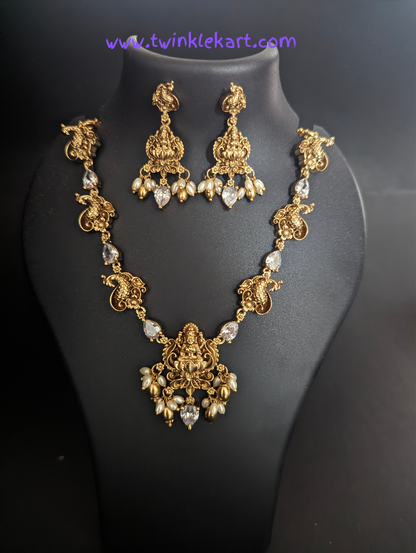 Premium Lakshmi Peacock With White Stone Necklace With Earrings