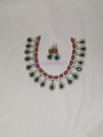 Premium Green Stone With Coral Gem Necklace With Earrings