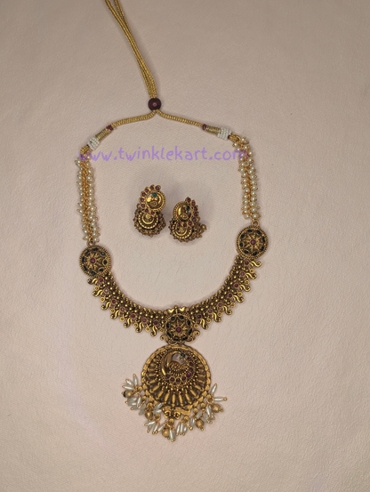 Premium Traditional Peacock Pendant Pearl Necklace Set