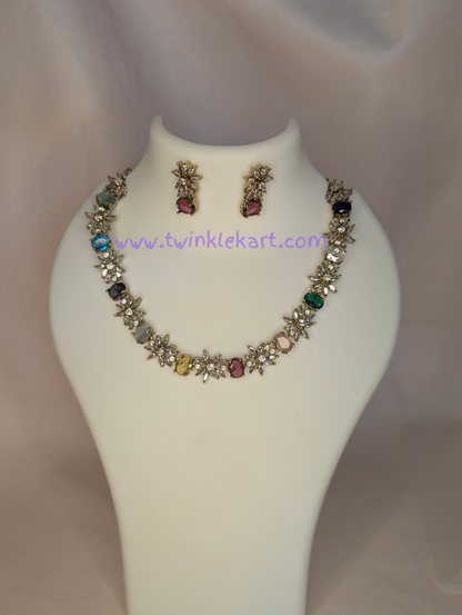 Premium Rainbow Gemstone Flower Necklace Set With Earrings