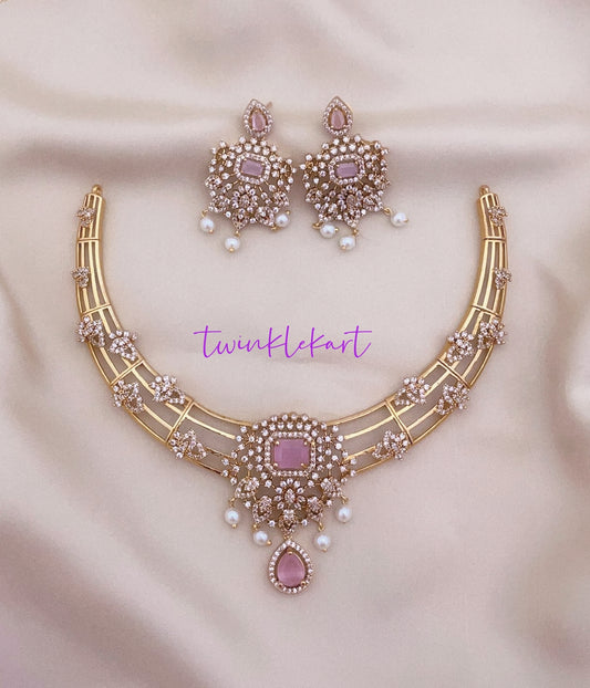 Premium Pink Stone Designer Necklace Set With Earrings