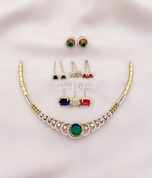 White Stone Diamond alike Necklace Set with Multi color Stones