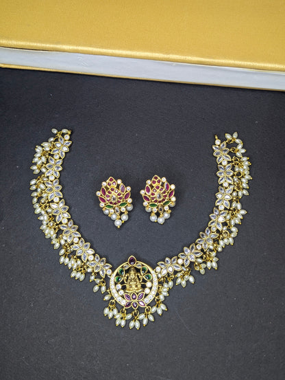 Premium Lakshmi on Lotus Guttapusalu Necklace with Earrings